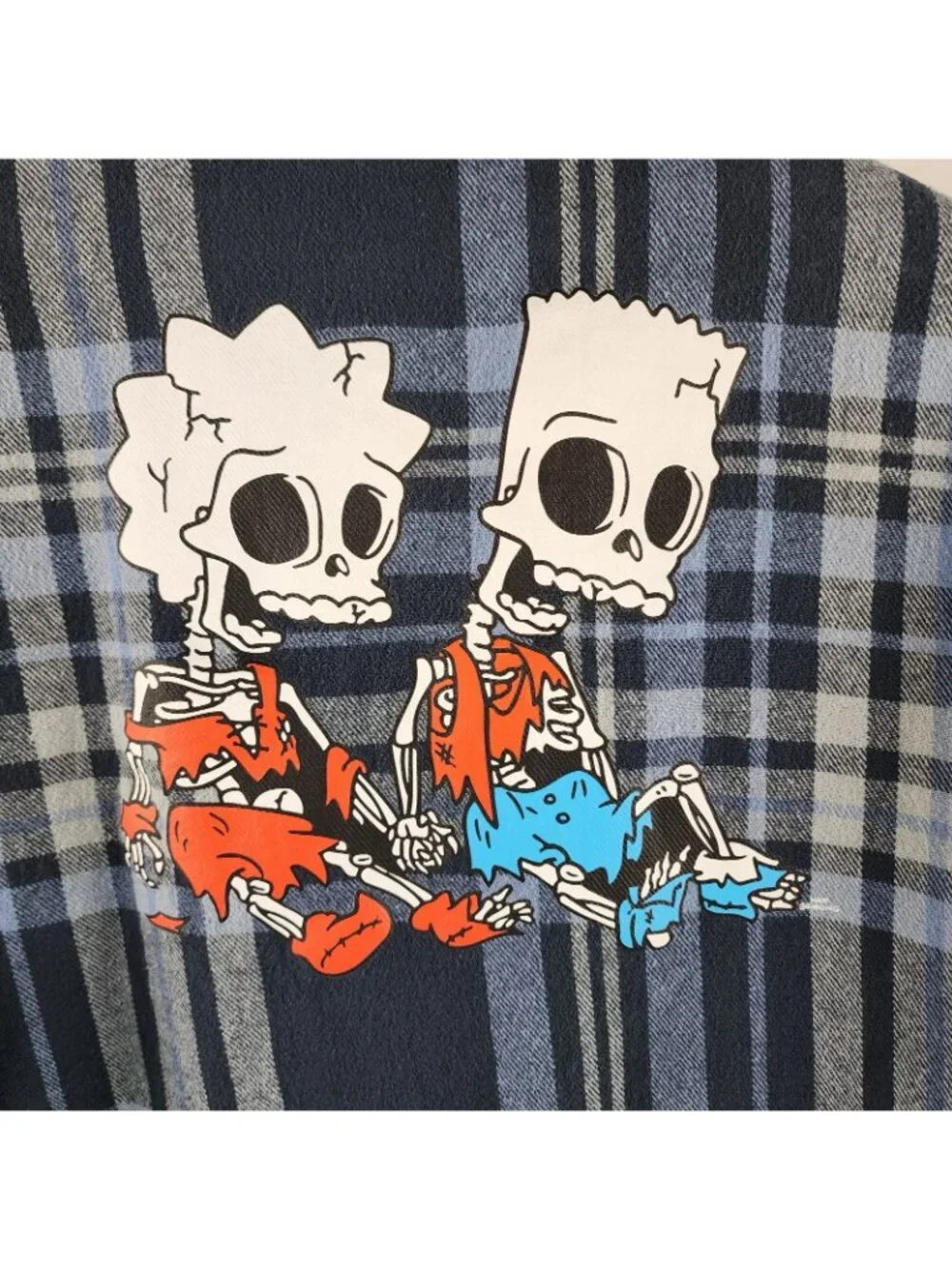 The Simpsons Hoodie Mens XL Blue Multi Skeleton Back Graphic Flannel Button Up